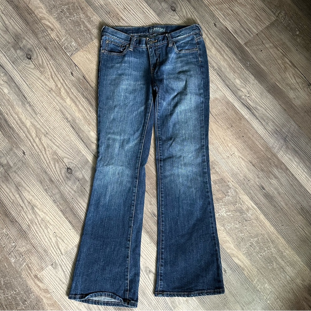 Roxy Vintage Flare Jeans Low Rise Y2K Bootcut Dark Wash Stretch Denim
